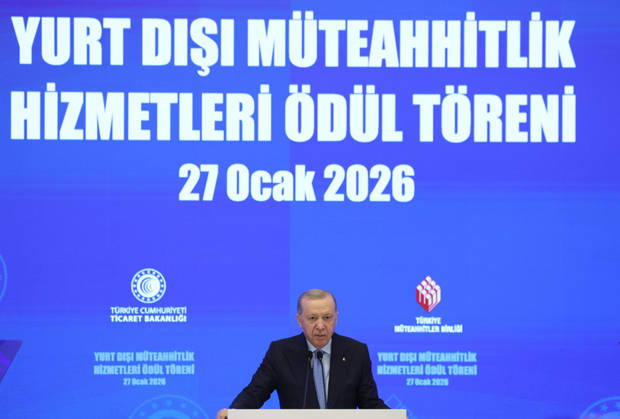 Turkish President Recep Tayyip Erdo?an participates in an awards ceremony for success Turkish President Recep Tayyip Erdo?an participates in an awards ceremony for success in international contracting services in the Turkish capital, Ankara, January 27, 2026. Photo by Turkish presidency apaimages Istanbul Istanbul Turkey 270126_Turkish_TPO_01(10) Copyright: xapaimagesxTurkishxpresidencyx xapaimagesx