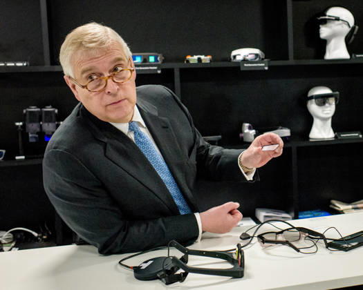 Andrew Mountbatten-Windsor, The Duke of York at WaveOptics, where he opened their new head-offices in Milton Park, Oxfordshire. Prince Andrew toured the facilities and tried their wave guides glasses before unvailing the plake. WaveOptics is one of the world™s leading designer and manufacturer of augmented reality (AR) devices. 29th April 2019 CAP CAM Andre Camara Copyright: xAndrexCamara CapitalxPicturesx