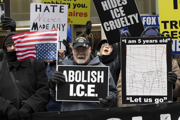 February 3, 2026, New York, New York, USA: Outside of the Newscorp s Fox News in Midtown Manhattan protesters chant and hold an upside down American flag and signs that read ABOLISH I.C.E. I am 5 years old Let us go with a copy of the drawing made by a child held with her family in Dilley Detention Facility in Texas, denouncing Immigration and Customs Enforcement (ICE) violence and Fox s reporting as propaganda for President Trump s immigration policies. At a weekly demonstration protesters with the activist groups Rise and Resist and Truth Tuesdays call for an end to Department of Homeland Security (DHS) operations in Minneapolis and across the country. New York USA - ZUMAr174 20260203_znp_r174_023 Copyright: xGinaxMxRandazzox