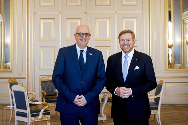 04-02-2026 Palace King Willem-Alexander during a meeting with Andreas Bovenschulte, President of the Federal Council of Germany, in the balkonroom at palace Noordeinde in The Hague. Â Copyright: xPPEx