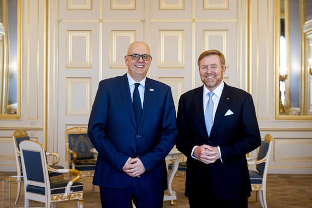 04-02-2026 Palace King Willem-Alexander during a meeting with Andreas Bovenschulte, President of the Federal Council of Germany, in the balkonroom at palace Noordeinde in The Hague. Â Copyright: xPPEx