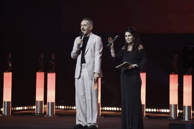 Xavier Taveirne and Fatma Taspinar present the award ceremony of the Ensors Flemish film prizes, as part of the Ostend Film Festival (18th edition) (30 01-07 02), Saturday 07 February 2026, in Oostende.  NICOLASxMAETERLINCK 161809206