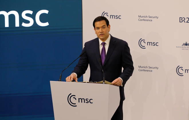 Der US-amerikanische Aussenminister Marco Rubio bei seiner Rede an der Münchner Sicherheitskonferenz am 14. Februar 2026. Der US-amerikanische Aussenminister Marco Rubio bei seiner Rede an der Münchner Sicherheitskonferenz am 14. Februar 2026. München Bayern Deutschland