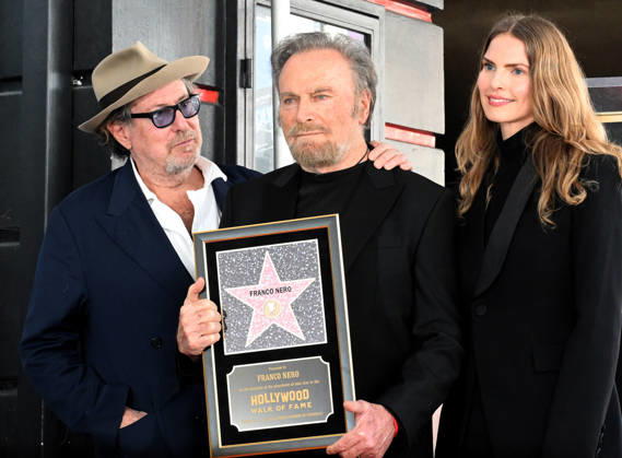 February 12, 2026, Los Angeles, California, United States: Director Julian Schnabel and wife Louise Kugelberg Schnabel pose with actor Franco Nero at the Franco Nero Star Ceremony held on The Hollywood Walk Of Fame Los Angeles United States - ZUMAs197 20260212_aaa_s197_897 Copyright: xAlbertxL.xOrtegax