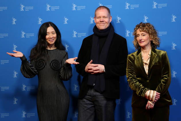 February 18, 2026, Berlin, Germany: (L-R) Chinese director Chloe Zhao, British composer Max Richter, and Berlinale director Tricia Tuttle attend the Berlinale Camera award ceremony honoring Max Richter during the 76th Berlin International Film Festival (Berlinale), Europe s first major film festival of the year, at Haus Der Berliner Festspiele in Berlin. Berlin Germany  - ZUMAf146 20260218_zip_f146_009 Copyright: xRouzbehxFouladix