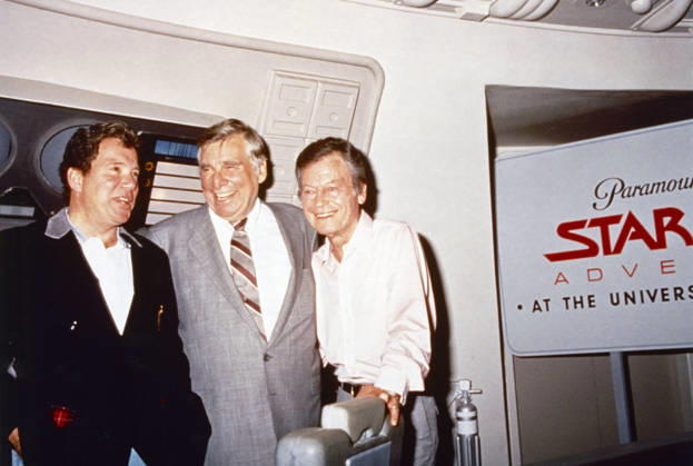 RECORD DATE NOT STATED Gene Roddenberry with William Shatner and DeForest Kelley at Universal Studios Star Trek Adventure circa 1988 EDITORIAL USE ONLY  Copyright: x