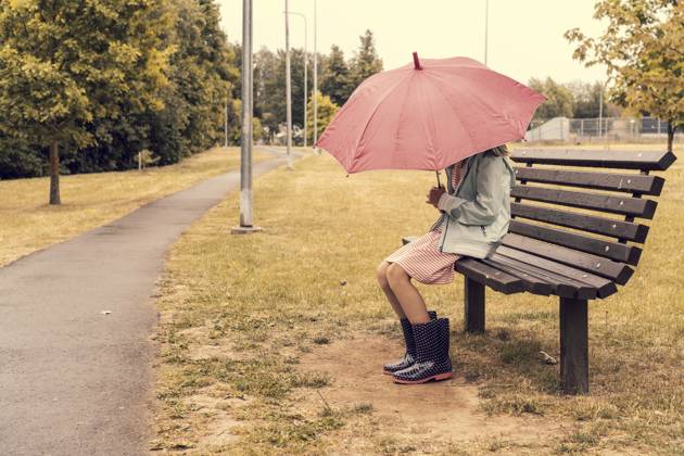 Mädchen mit Sonnenschirm sitzt auf Bank im Park Girl with umbrella sitting on bench in park Copyright: imageBROKER GRAZVYDASxJANUSKA ibxiqx16629548.jpg ,model released, Symbolfoto ,property released