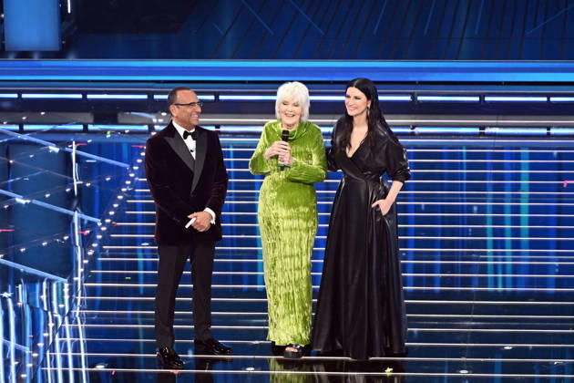 February 27, 2026, Sanremo, Rome, Italy: 76th Italian Song Festival, fourth night. Pictured: Caterina Caselli, Carlo Conti, Laura Pausini . Sanremo. Italy 27 Feb 2026 Sanremo Italy - ZUMAa289 20260227_zia_a289_372 Copyright: xMariaxLauraxAntonellix