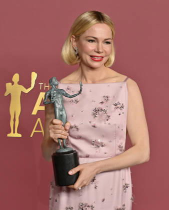 Michelle Williams, winner of the Outstanding Performance by a Female Actor in a Television Movie or Limited Series award for Dying For Sex appears backstage during the 32nd annual SAG Awards held at the Shrine Auditorium in Los Angeles on Sunday, March 1, 2026.  LAP20260301752 JIMxRUYMEN