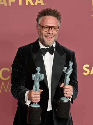 Seth Rogen, winner of the Outstanding Performance by an Ensemble in a Comedy Series Award (and Outstanding Performance by a Female Actor in a Comedy Series on behalf of Catherine O Hara) for The Studio, appears backstage during the 32nd annual SAG Awards held at the Shrine Auditorium in Los Angeles on Sunday, March 1, 2026.  LAP20260301871 JIMxRUYMEN