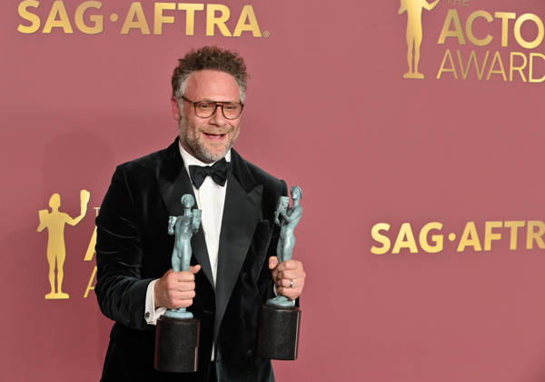 Seth Rogen, winner of the Outstanding Performance by an Ensemble in a Comedy Series Award (and Outstanding Performance by a Female Actor in a Comedy Series on behalf of Catherine O Hara) for The Studio, appears backstage during the 32nd annual SAG Awards held at the Shrine Auditorium in Los Angeles on Sunday, March 1, 2026.  LAP20260301872 JIMxRUYMEN
