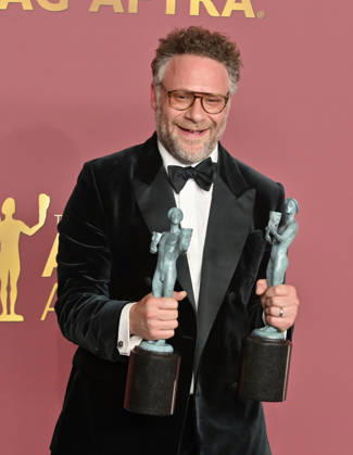 Seth Rogen, winner of the Outstanding Performance by an Ensemble in a Comedy Series Award (and Outstanding Performance by a Female Actor in a Comedy Series on behalf of Catherine O Hara) for The Studio, appears backstage during the 32nd annual SAG Awards held at the Shrine Auditorium in Los Angeles on Sunday, March 1, 2026.  LAP20260301873 JIMxRUYMEN