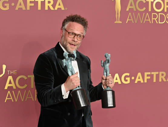 Seth Rogen, winner of the Outstanding Performance by an Ensemble in a Comedy Series Award (and Outstanding Performance by a Female Actor in a Comedy Series on behalf of Catherine O Hara) for The Studio, appears backstage during the 32nd annual SAG Awards held at the Shrine Auditorium in Los Angeles on Sunday, March 1, 2026.  LAP20260301874 JIMxRUYMEN