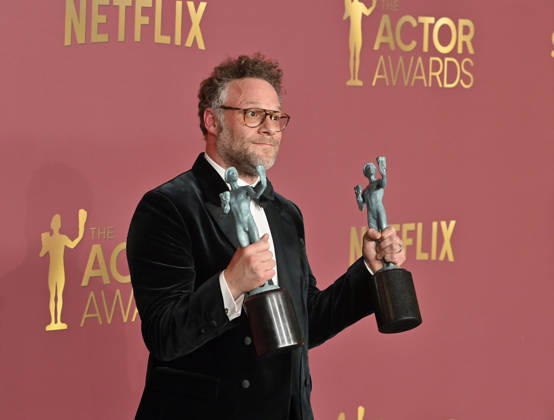 Seth Rogen, winner of the Outstanding Performance by an Ensemble in a Comedy Series Award (and Outstanding Performance by a Female Actor in a Comedy Series on behalf of Catherine O Hara) for The Studio, appears backstage during the 32nd annual SAG Awards held at the Shrine Auditorium in Los Angeles on Sunday, March 1, 2026.  LAP20260301875 JIMxRUYMEN