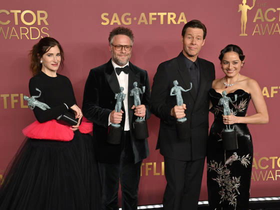 Kathryn Hahn, Seth Rogen, Ike Barinholtz, and Chase Sui Wonders, winners of the Outstanding Performance by an Ensemble in a Comedy Series Award (and Outstanding Performance by a Female Actor in a Comedy Series on behalf of Catherine O Hara) for The Studio, appear backstage during the 32nd annual SAG Awards held at the Shrine Auditorium in Los Angeles on Sunday, March 1, 2026.  LAP20260301894 JIMxRUYMEN