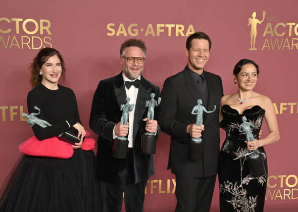 Kathryn Hahn, Seth Rogen, Ike Barinholtz, and Chase Sui Wonders, winners of the Outstanding Performance by an Ensemble in a Comedy Series Award (and Outstanding Performance by a Female Actor in a Comedy Series on behalf of Catherine O Hara) for The Studio, appear backstage during the 32nd annual SAG Awards held at the Shrine Auditorium in Los Angeles on Sunday, March 1, 2026.  LAP20260301896 JIMxRUYMEN