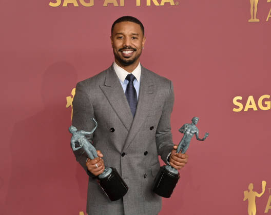 Michael B. Jordan, winner of the Outstanding Performance by a Male Actor in a Leading Role and Outstanding Performance by a Cast in a Motion Picture for Sinners, appears backstage during the 32nd annual SAG Awards held at the Shrine Auditorium in Los Angeles on Sunday, March 1, 2026.  LAP20260301142 JIMxRUYMEN