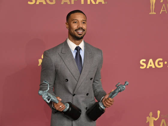 Michael B. Jordan, winner of the Outstanding Performance by a Male Actor in a Leading Role and Outstanding Performance by a Cast in a Motion Picture for Sinners, appears backstage during the 32nd annual SAG Awards held at the Shrine Auditorium in Los Angeles on Sunday, March 1, 2026.  LAP20260301143 JIMxRUYMEN