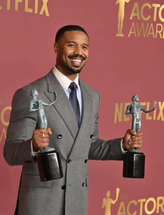 Michael B. Jordan, winner of the Outstanding Performance by a Male Actor in a Leading Role and Outstanding Performance by a Cast in a Motion Picture for Sinners, appears backstage during the 32nd annual SAG Awards held at the Shrine Auditorium in Los Angeles on Sunday, March 1, 2026.  LAP20260301144 JIMxRUYMEN