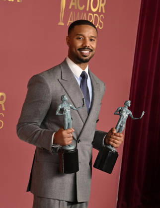 Michael B. Jordan, winner of the Outstanding Performance by a Male Actor in a Leading Role and Outstanding Performance by a Cast in a Motion Picture for Sinners, appears backstage during the 32nd annual SAG Awards held at the Shrine Auditorium in Los Angeles on Sunday, March 1, 2026.  LAP20260301145 JIMxRUYMEN