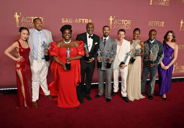 Li Jun Li, Omar Benson Miller, Wunmi Mosaku, Delroy Lindo, Michael B. Jordan, Jack O Connell, Jayme Lawson, Miles Caton, and Lola Kirke, winners of the Outstanding Performance by a Cast in a Motion Picture Award for Sinners, appear backstage during the 32nd annual SAG Awards held at the Shrine Auditorium in Los Angeles on Sunday, March 1, 2026.  LAP20260301146 JIMxRUYMEN