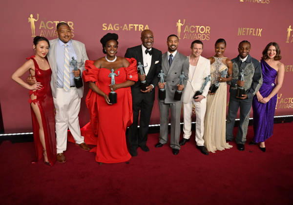 Li Jun Li, Omar Benson Miller, Wunmi Mosaku, Delroy Lindo, Michael B. Jordan, Jack O Connell, Jayme Lawson, Miles Caton, and Lola Kirke, winners of the Outstanding Performance by a Cast in a Motion Picture Award for Sinners, appear backstage during the 32nd annual SAG Awards held at the Shrine Auditorium in Los Angeles on Sunday, March 1, 2026.  LAP20260301147 JIMxRUYMEN