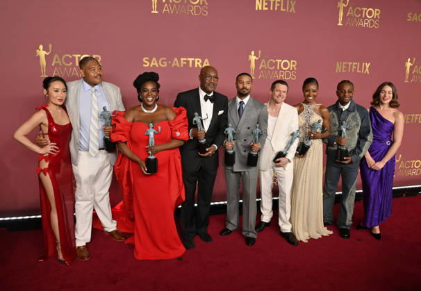 Li Jun Li, Omar Benson Miller, Wunmi Mosaku, Delroy Lindo, Michael B. Jordan, Jack O Connell, Jayme Lawson, Miles Caton, and Lola Kirke, winners of the Outstanding Performance by a Cast in a Motion Picture Award for Sinners, appear backstage during the 32nd annual SAG Awards held at the Shrine Auditorium in Los Angeles on Sunday, March 1, 2026.  LAP20260301148 JIMxRUYMEN