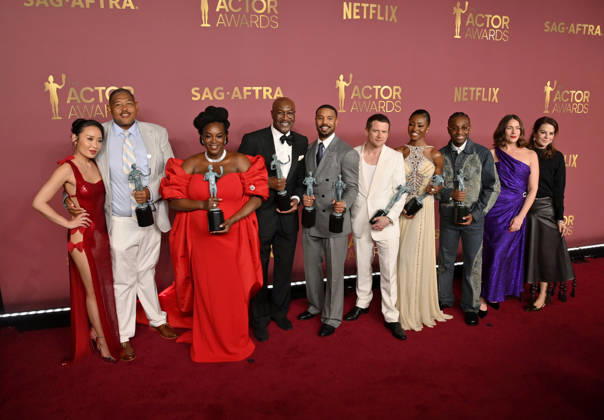 Li Jun Li, Omar Benson Miller, Wunmi Mosaku, Delroy Lindo, Michael B. Jordan, Jack O Connell, Jayme Lawson, Miles Caton, and Lola Kirke, winners of the Outstanding Performance by a Cast in a Motion Picture Award for Sinners, appear backstage during the 32nd annual SAG Awards held at the Shrine Auditorium in Los Angeles on Sunday, March 1, 2026.  LAP20260301149 JIMxRUYMEN