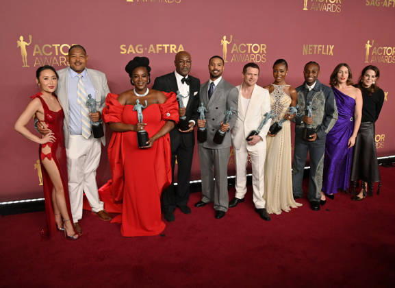 Li Jun Li, Omar Benson Miller, Wunmi Mosaku, Delroy Lindo, Michael B. Jordan, Jack O Connell, Jayme Lawson, Miles Caton, and Lola Kirke, winners of the Outstanding Performance by a Cast in a Motion Picture Award for Sinners, appear backstage during the 32nd annual SAG Awards held at the Shrine Auditorium in Los Angeles on Sunday, March 1, 2026.  LAP20260301150 JIMxRUYMEN