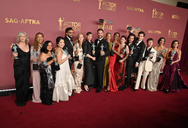 Joanna Going, Krystel V. McNeil, Tracy Vilar, Kristin Villanueva, Brandon Mendez Homer, Taylor Dearden, Fiona Dourif, Noah Wyle, Alexandra Metz, Tracy Ifeachor, Isa Briones, Jalen Thomas Brooks, Patrick Ball, Gerran Howell, Supriya Ganesh and Amielynn Abellera, winners of the Outstanding Performance by an Ensemble in a Drama Series award for The Pitt, appear backstage during the 32nd annual SAG Awards held at the Shrine Auditorium in Los Angeles on Sunday, March 1, 2026.  LAP20260301165 JIMxRUYMEN