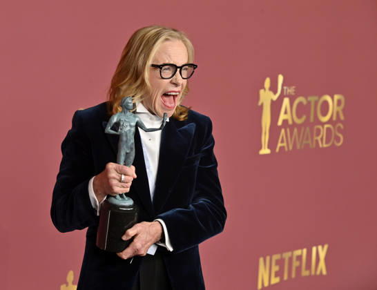 Amy Madigan, winner of the Outstanding Performance by a Female Actor in a Supporting Role award for Weapons, appears backstage during the 32nd annual SAG Awards held at the Shrine Auditorium in Los Angeles on Sunday, March 1, 2026.  LAP20260301180 JIMxRUYMEN