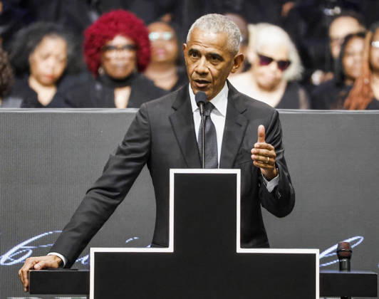Former President Barack Obama speaks at the public Homegoing Service for the Reverend Jesse Jackson at the House of Hope church in Chicago, Illinois, on Friday, March 6, 2026. The public service is for the general public to pay respects and honor Jackson. Jackson, a well known advocate for civil rights and for the poor, and two time presidential candidate, died February 17, 2026 after suffering from progressive supranuclear palsy.  CHI20260305740 TANNENxMAURY