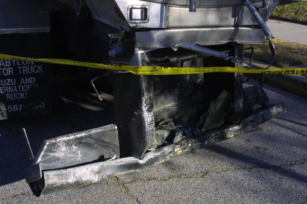 American Airlines Fight 587 Crashes in NYC Nov 12, 2001; Queens, NY, USA; Mobil oil truck which was making a delivery @ the Texaco gas station was damaged by American Airlines Flight 587 which crashed in Belle Harbor, Queens shortly after takeoff from JFK Airport.. Copyright: xNancyxKaszermanx