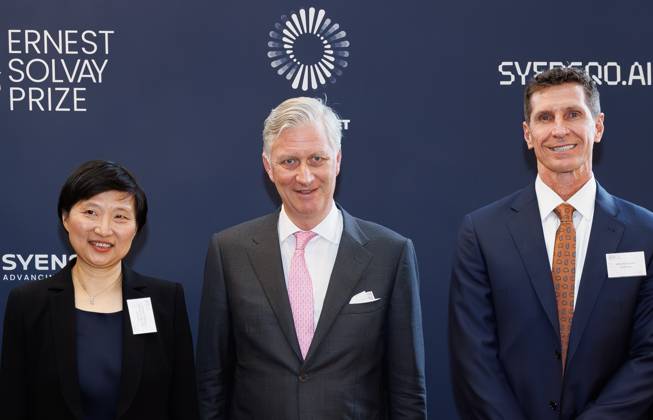 Professor Xiaowei Zhuang (for pioneering the development of genome-scale imaging), King Philippe - Filip of Belgium and Syensqo CEO Michael Radossich pictured at the Ernest Solvay Prize Award Ceremony 2026, Tuesday 10 March 2026 in Brussels. The Ernest Solvay Prize is a biennial award created in 2013 and accompanied by a prize of 300,000 euros. It honours scientists whose research contributes to shaping the chemistry of tomorrow.  BENOITxDOPPAGNE 167077853