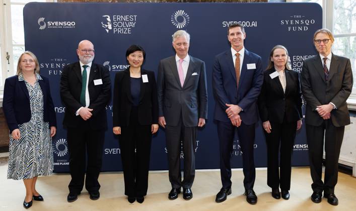 Anne De Wit, Sven Lidin, Xiaowei Zhuang, King Philippe - Filip of Belgium, M. Radossich, Heike van de Kerkhof and JM Solvay pictured during the Ernest Solvay Prize Award Ceremony 2026, Tuesday 10 March 2026 in Brussels. The Ernest Solvay Prize is a biennial award created in 2013 and accompanied by a prize of 300,000 euros. It honours scientists whose research contributes to shaping the chemistry of tomorrow.  BENOITxDOPPAGNE 167078664