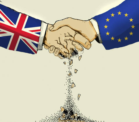 Britische Hand zerbröckelt beim Handschlag mit der EU