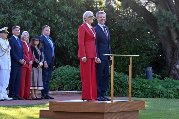 DENMARK ROYALS AUSTRALIA VISIT, Denmark s King Federik X and Australia™s Governor-General Sam Mostyn during a Ceremonial Welcome at Government House in Canberra, Sunday, March 15, 2026. ( NO ARCHIVING CANBERRA AUSTRALIAN CAPITAL TERRITORY AUSTRALIA Copyright: xMICKxTSIKASx 20260315157568449132
