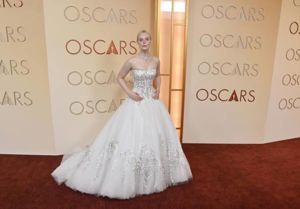 Elle Fanning arrives on the red carpet for the 98th annual Academy Awards in the Hollywood section of Los Angeles on Sunday, March 15, 2026. Conan O Brien will host the Oscars for the second consecutive year. LAP20260315186 JIMxRUYMEN