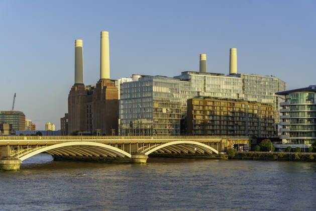 View of Battersea Power Station and River Thames in summer from Nine Elms in London, England, with clear skies and modern buildings nearby Copyright: FrankxFell 844-42529