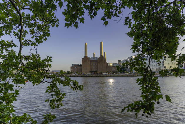 View of Battersea Power Station beside river Thames in summer at Nine Elms in London, England, United Kingdom Copyright: FrankxFell 844-42531