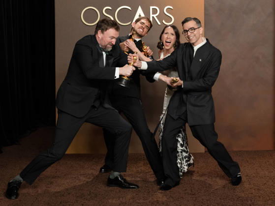 March 15, 2026, Hollywood, California, USA: (L-R) JACK PIATT, SAM A. DAVIS, NATALIE MUSTEATA and ALEXANDRE SINGH, winners of the Best Live Action Short Film Award for â€oeThe Singers†and â€oeTwo People Exchanging Saliva†in the Press Room during the 98th Academy Awards, presented by the Academy of Motion Picture Arts and Sciences (AMPAS), at the Dolby Theatre in Hollywood. Hollywood USA - ZUMAb173 20260315_aap_b173_174 Copyright: xBillyxBennightx