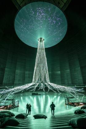 Neue Ausstellung im Gasometer Oberhausen, Kunstskulptur Der Baum, 40 Meter hoch Lichtinstallation, zeigt mit Licht und Musik verschiedene Stadien eines Baumes, Ausstellung Mythos Wald, auf 3 Ebenen und mit mehreren Thematischen Kapiteln zeigt die Ausstellung die Diversität der Wälder der Welt mit Bildern, Videos und Exponaten, NRW, Deutschland, Mythos Wald Oberhausen
