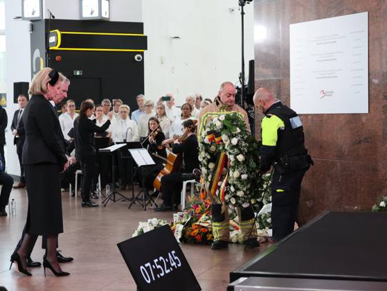 Queen Mathilde and King Philippe - Filip of Belgium pictured during the commemoration of the 22 03 2016 terror attacks in Brussels Airport, Sunday 22 March 2026 in Zaventem. On March 22 2016, 32 people were killed and 324 got injured in suicide bombings at Zaventem national airport and Maalbeek Maelbeek metro station, which were claimed by ISIL.  BENOITxDOPPAGNE 168533218