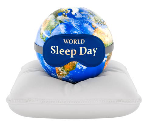 Konzept zum Welt-Schlaftag. Erde auf einem Kissen mit Welt-Schlaftag-Maske. 3D-Rendering World Sleep Day concept. Earth on pillow with world sleep day mask. 3D rendering isolated on white background (License=RF) Copyright: xZoonar.com natatravelx 24800327
