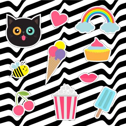 Quirky Cartoon Sticker Patch Badges Set Fashion Quirky cartoon sticker patch badges set Fashion pin collection Cat heart rainbow cloud cupcake bee ice cream popcorn lips cherry White black wave abstract line optical background Flat Copyright: xWorldofvectorx