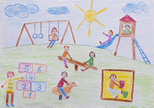 Naive illustration of children playing at a colorful playground property released, WWF07104
