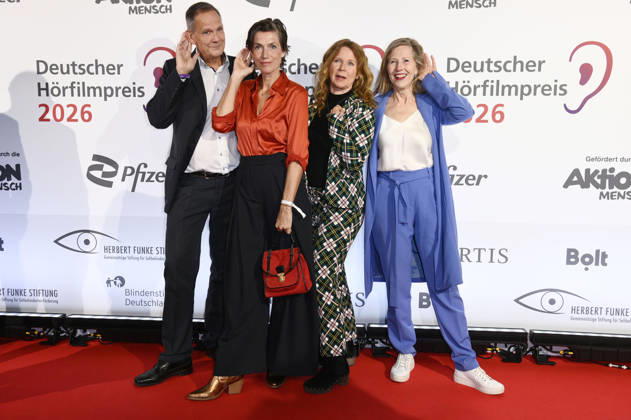 Klaus-Peter Grap, Julia Bremermann, Marion Kracht und Petra Zieser bei der Verleihung des 24. Deutschen Hörfilmpreises 2026 im Colosseum Filmtheater. Berlin, 24.03.2026