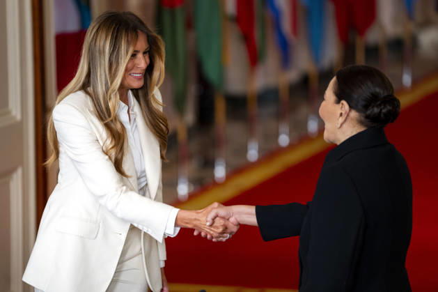 First Lady Melania Trump shakes hands with Princess Lalla Hasna of Morocco during the Fostering the Future Together Global Coalition Summit roundtable in the East Room of the White House in Washington, DC on Wednesday, March 25, 2026. WAP20260325304 BONNIExCASH