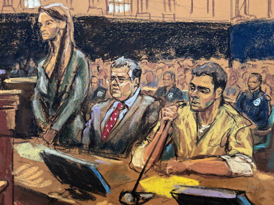 Photograph of a drawing by artist Jane Rosenberg showing Luigi Mangione (R) speaking alongside his attorneys Karen (L) and Marc Agnifilo (C) during a hearing in a federal court in New York, United States, 01 April 2026. A New York judge postponed the federal trial of Luigi Mangione, the 27-year-old accused of murdering UnitedHealthcare CEO Brian Thompson, rescheduling it for mid-October or early November, which adds more time between this proceeding and his state trial in June. Luigi Mangione s federal trial has been postponed until late October !ACHTUNG: NUR REDAKTIONELLE NUTZUNG!  Copyright: xJanexRosenbergx USA9586 20260401-55019878252_1