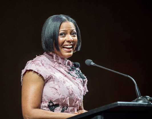 April 4, 2026, Philadelphia, Pennsylvania, United States: TAMRON HALL, American broadcast journalist, television talk show host and author, speaking at the WDAS-FM tenth annual Women Of Excellence Legend award at the luncheon held at the Philadelphia Sheraton Philadelphia United States - ZUMArf1_ 20260404_zaf_rf1_005 Copyright: xRickyxFitchettx